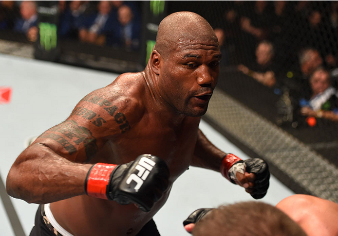 MONTREAL, QC - APRIL 25:   (L-R) Quinton 'Rampage' Jackson of the United States punches Fabio Maldonado of Brazil in their catchweight bout during the UFC 186 event at the Bell Centre on April 25, 2015 in Montreal, Quebec, Canada. (Photo by Josh Hedges/Zu