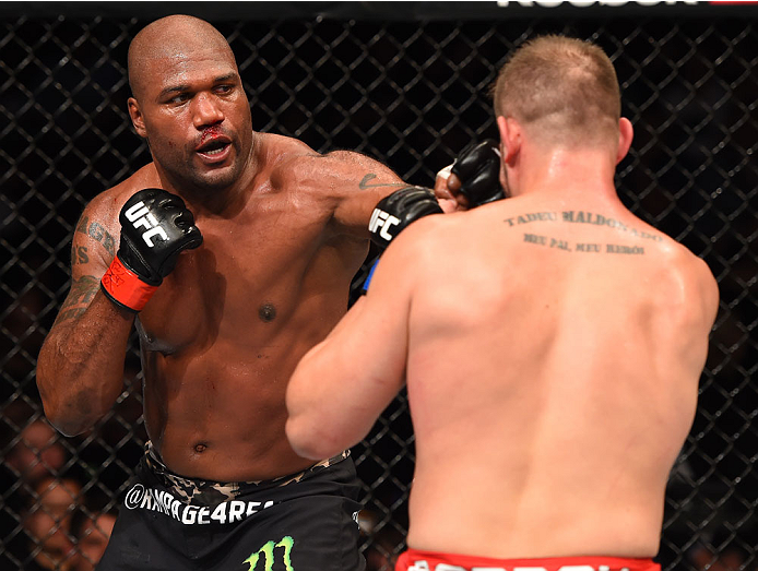 MONTREAL, QC - APRIL 25:   (L-R) Quinton 'Rampage' Jackson of the United States punches Fabio Maldonado of Brazil in their catchweight bout during the UFC 186 event at the Bell Centre on April 25, 2015 in Montreal, Quebec, Canada. (Photo by Josh Hedges/Zu