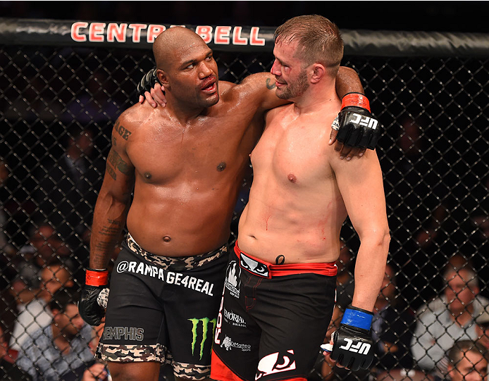 MONTREAL, QC - APRIL 25:   (L-R) Quinton 'Rampage' Jackson of the United States and Fabio Maldonado of Brazil hug after their catchweight bout during the UFC 186 event at the Bell Centre on April 25, 2015 in Montreal, Quebec, Canada. (Photo by Josh Hedges