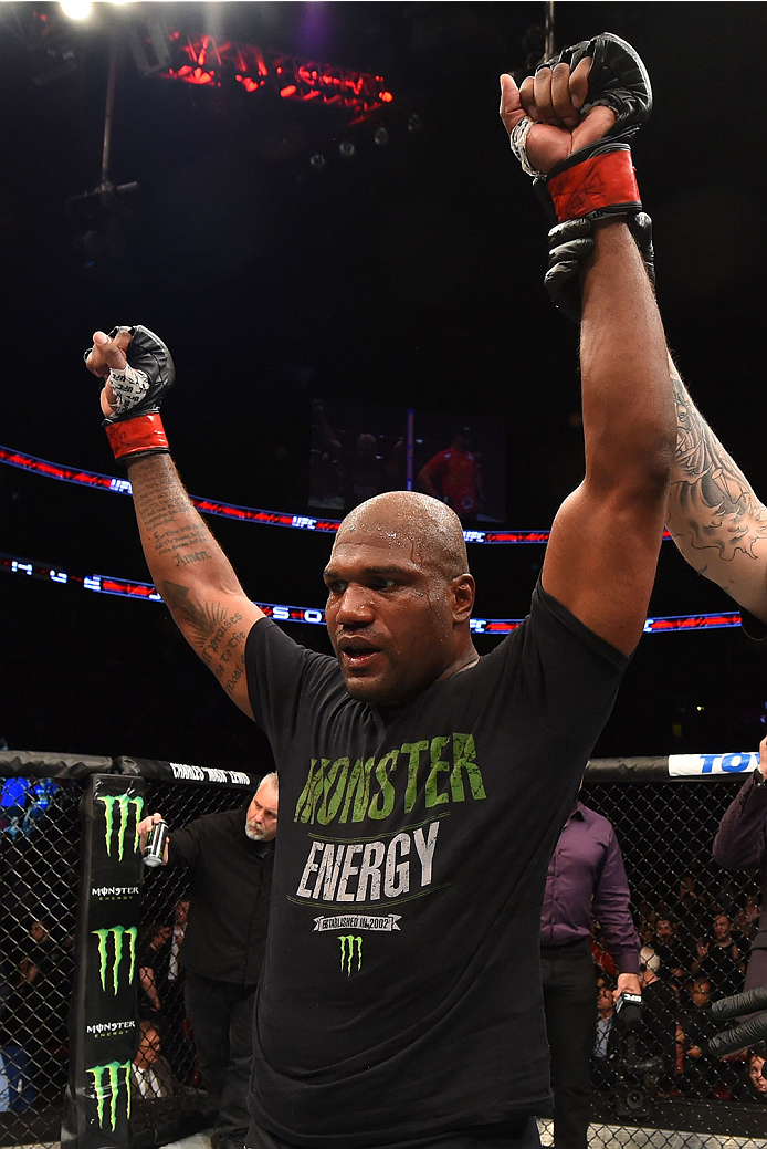 MONTREAL, QC - APRIL 25:   Quinton 'Rampage' Jackson of the United States reacts after his decision victory over Fabio Maldonado in their catchweight bout during the UFC 186 event at the Bell Centre on April 25, 2015 in Montreal, Quebec, Canada. (Photo by