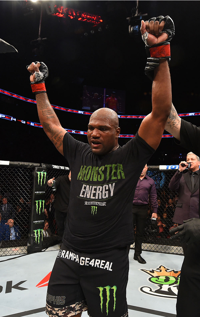 MONTREAL, QC - APRIL 25:   Quinton 'Rampage' Jackson of the United States reacts after his decision victory over Fabio Maldonado in their catchweight bout during the UFC 186 event at the Bell Centre on April 25, 2015 in Montreal, Quebec, Canada. (Photo by