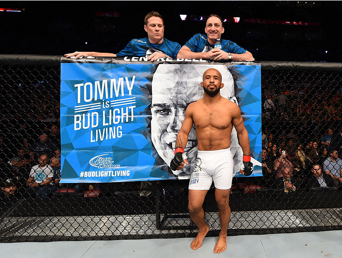 MONTREAL, QC - APRIL 25:   Demetrious Johnson of the United States stands in the Octagon before his UFC flyweight championship bout against Kyoji Horiguchi during the UFC 186 event at the Bell Centre on April 25, 2015 in Montreal, Quebec, Canada. (Photo b