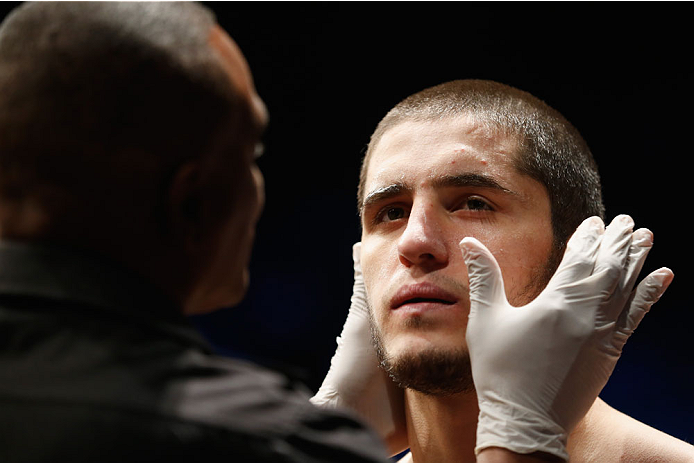 LAS VEGAS, NV - MAY 23:  Islam Makhachev of Russia prepares to face Leo Kuntz before their lightweight bout during the UFC 187 event at the MGM Grand Garden Arena on May 23, 2015 in Las Vegas, Nevada.  (Photo by Christian Petersen/Zuffa LLC/Zuffa LLC via 