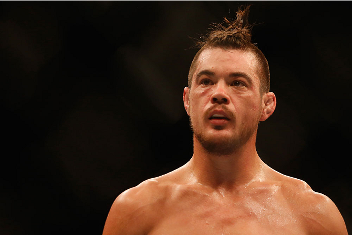 LAS VEGAS, NV - MAY 23:  Leo Kuntz walks back to his corner after round one of his lightweight bout during the UFC 187 event at the MGM Grand Garden Arena on May 23, 2015 in Las Vegas, Nevada.  (Photo by Christian Petersen/Zuffa LLC/Zuffa LLC via Getty Im