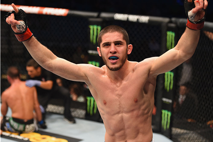 LAS VEGAS, NV - MAY 23: Islam Makhachev of Russia reacts to his victory over Leo Kuntz in their lightweight bout during the UFC 187 event at the MGM Grand Garden Arena on May 23, 2015 in Las Vegas, Nevada. (Photo by Josh Hedges/Zuffa LLC/Zuffa LLC via G