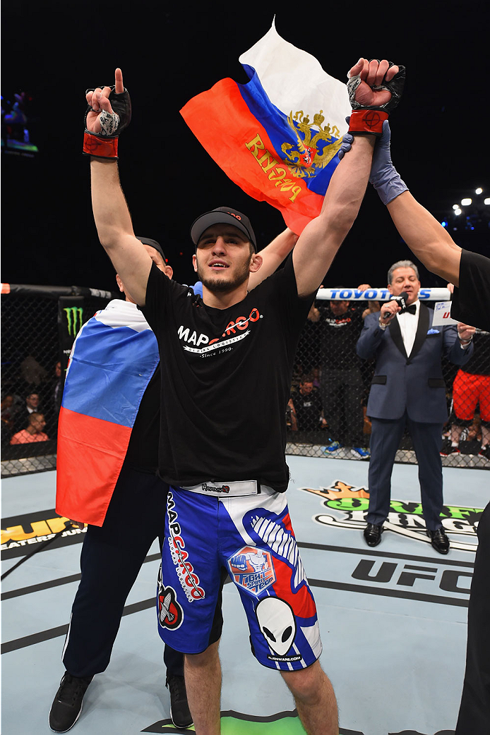 LAS VEGAS, NV - MAY 23:  Islam Makhachev of Russia reacts to his victory over Leo Kuntz in their lightweight bout during the UFC 187 event at the MGM Grand Garden Arena on May 23, 2015 in Las Vegas, Nevada.  (Photo by Josh Hedges/Zuffa LLC/Zuffa LLC via G