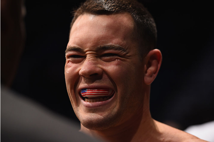 LAS VEGAS, NV - MAY 23:  Colby Covington prepares to face Mike Pyle in their welterweight bout during the UFC 187 event at the MGM Grand Garden Arena on May 23, 2015 in Las Vegas, Nevada.  (Photo by Josh Hedges/Zuffa LLC/Zuffa LLC via Getty Images)