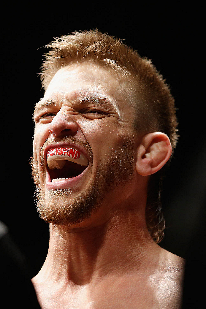 LAS VEGAS, NV - MAY 23:  Mike Pyle prepares to face Colby Covington in their welterweight bout during the UFC 187 event at the MGM Grand Garden Arena on May 23, 2015 in Las Vegas, Nevada.  (Photo by Christian Petersen/Zuffa LLC/Zuffa LLC via Getty Images)