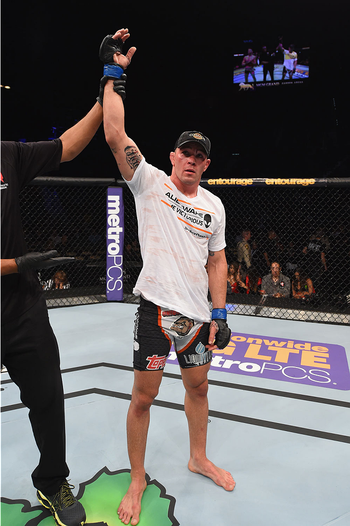 LAS VEGAS, NV - MAY 23:  Colby Covington reacts to his victory over Mike Pyle in their welterweight bout during the UFC 187 event at the MGM Grand Garden Arena on May 23, 2015 in Las Vegas, Nevada.  (Photo by Josh Hedges/Zuffa LLC/Zuffa LLC via Getty Imag