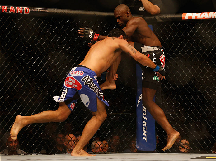 LAS VEGAS, NV - MAY 23:  (L-R) Rafael Natal of Brazil attempts to take down Uriah Hall in their middleweight bout during the UFC 187 event at the MGM Grand Garden Arena on May 23, 2015 in Las Vegas, Nevada.  (Photo by Christian Petersen/Zuffa LLC/Zuffa LL