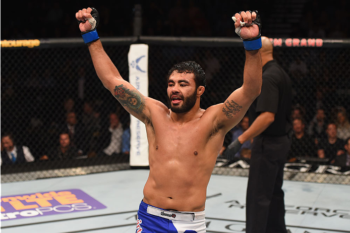 LAS VEGAS, NV - MAY 23: Rafael Natal of Brazil reacts to his victory over Uriah Hall in their middleweight bout during the UFC 187 event at the MGM Grand Garden Arena on May 23, 2015 in Las Vegas, Nevada. (Photo by Josh Hedges/Zuffa LLC/Zuffa LLC via Ge