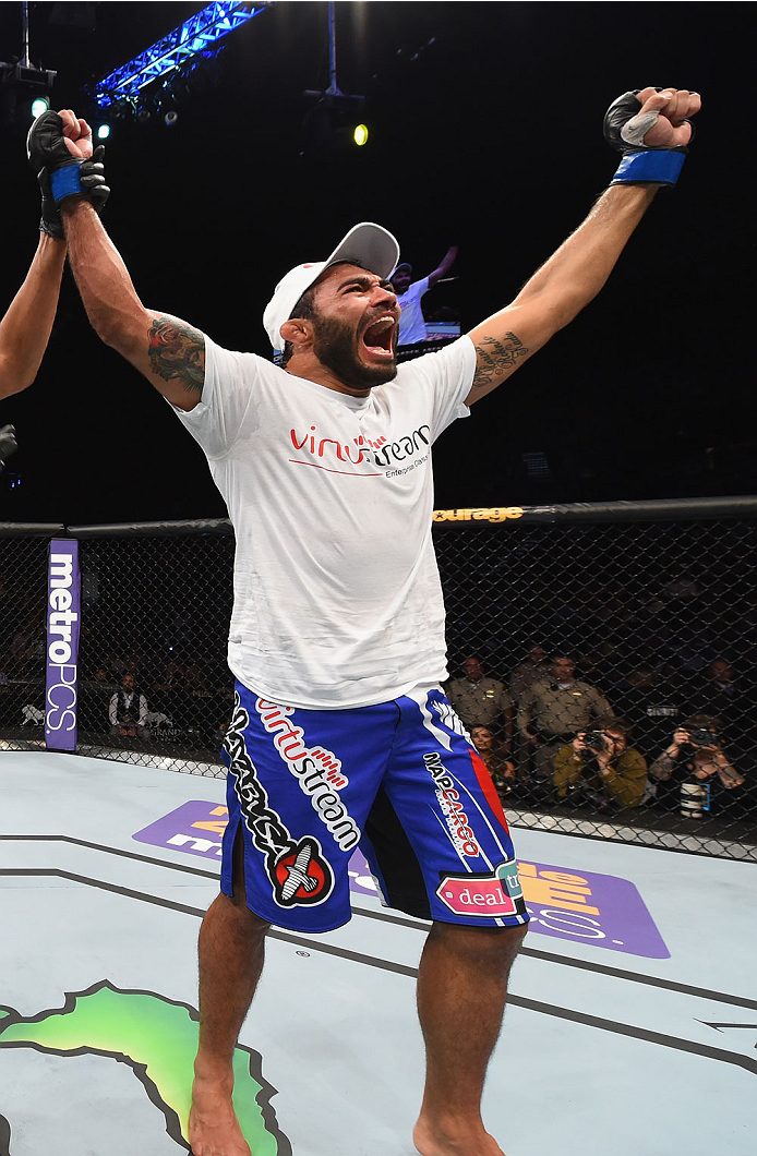 LAS VEGAS, NV - MAY 23: Rafael Natal of Brazil reacts to his victory over Uriah Hall in their middleweight bout during the UFC 187 event at the MGM Grand Garden Arena on May 23, 2015 in Las Vegas, Nevada. (Photo by Josh Hedges/Zuffa LLC/Zuffa LLC via Ge