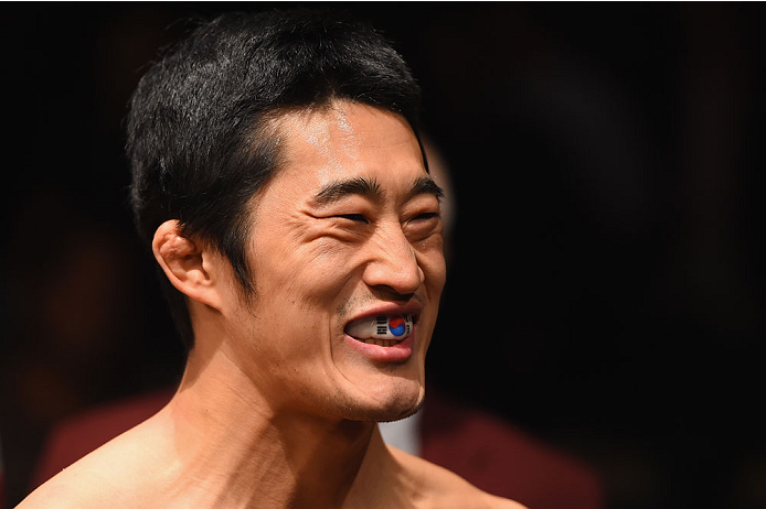 LAS VEGAS, NV - MAY 23:  Dong Hyun Kim prepares to face Josh Burkman in their welterweight bout during the UFC 187 event at the MGM Grand Garden Arena on May 23, 2015 in Las Vegas, Nevada.  (Photo by Josh Hedges/Zuffa LLC/Zuffa LLC via Getty Images)