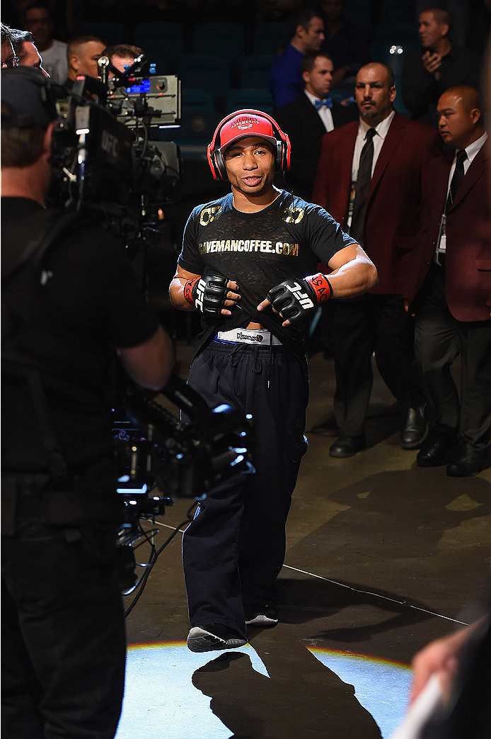 LAS VEGAS, NV - MAY 23: John Dodson walks to the Octagon to face Zach Makovsky in their flyweight bout during the UFC 187 event at the MGM Grand Garden Arena on May 23, 2015 in Las Vegas, Nevada. (Photo by Josh Hedges/Zuffa LLC/Zuffa LLC via Getty Imag
