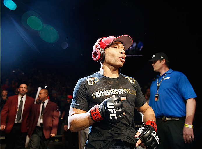 LAS VEGAS, NV - MAY 23:  John Dodson walks to the Octagon to face Zach Makovsky in their flyweight bout during the UFC 187 event at the MGM Grand Garden Arena on May 23, 2015 in Las Vegas, Nevada.  (Photo by Christian Petersen/Zuffa LLC/Zuffa LLC via Gett