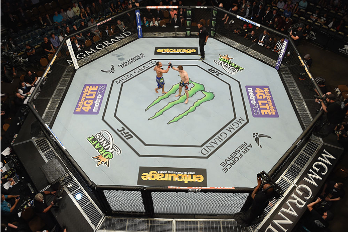 LAS VEGAS, NV - MAY 23: (L-R) John Dodson and Zach Makovsky touch gloves in their flyweight bout during the UFC 187 event at the MGM Grand Garden Arena on May 23, 2015 in Las Vegas, Nevada. (Photo by Josh Hedges/Zuffa LLC/Zuffa LLC via Getty Images)
