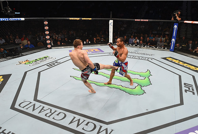 LAS VEGAS, NV - MAY 23:  (L-R) Zach Makovsky kicks John Dodson in their flyweight bout during the UFC 187 event at the MGM Grand Garden Arena on May 23, 2015 in Las Vegas, Nevada.  (Photo by Josh Hedges/Zuffa LLC/Zuffa LLC via Getty Images)