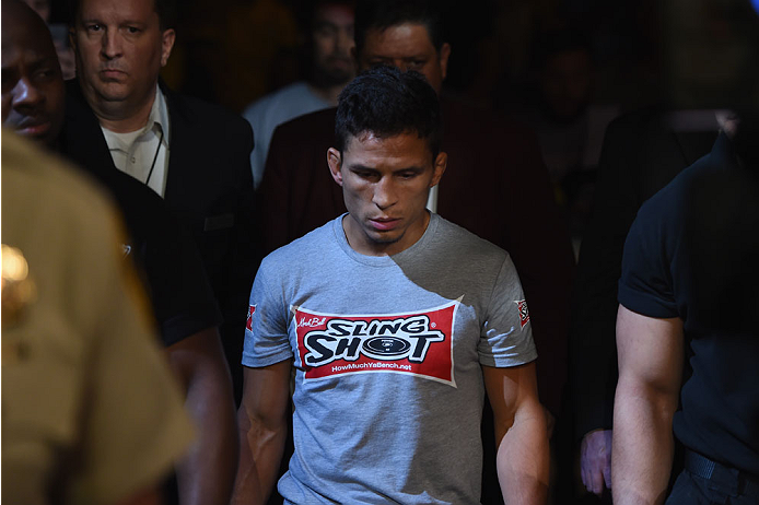 LAS VEGAS, NV - MAY 23:  Joseph Benavidez walks to the Octagon to face John Moraga in their flyweight bout during the UFC 187 event at the MGM Grand Garden Arena on May 23, 2015 in Las Vegas, Nevada.  (Photo by Josh Hedges/Zuffa LLC/Zuffa LLC via Getty Im