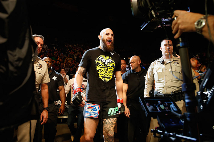 LAS VEGAS, NV - MAY 23:  Travis Browne walks to the Octagon to face Andrei Arlovski in their heavyweight bout during the UFC 187 event at the MGM Grand Garden Arena on May 23, 2015 in Las Vegas, Nevada.  (Photo by Christian Petersen/Zuffa LLC/Zuffa LLC vi