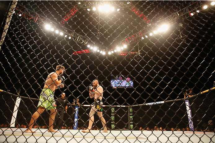 LAS VEGAS, NV - MAY 23:  (L-R) Andrei Arlovski and Travis Browne face off in their heavyweight bout during the UFC 187 event at the MGM Grand Garden Arena on May 23, 2015 in Las Vegas, Nevada.  (Photo by Christian Petersen/Zuffa LLC/Zuffa LLC via Getty Im