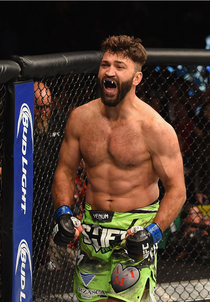 LAS VEGAS, NV - MAY 23:  Andrei Arlovski reacts to his victory over Travis Browne in their heavyweight bout during the UFC 187 event at the MGM Grand Garden Arena on May 23, 2015 in Las Vegas, Nevada.  (Photo by Josh Hedges/Zuffa LLC/Zuffa LLC via Getty I