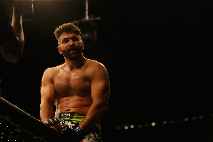 LAS VEGAS, NV - MAY 23:  Andrei Arlovski reacts to his victory over Travis Browne in their heavyweight bout during the UFC 187 event at the MGM Grand Garden Arena on May 23, 2015 in Las Vegas, Nevada.  (Photo by Christian Petersen/Zuffa LLC/Zuffa LLC via 