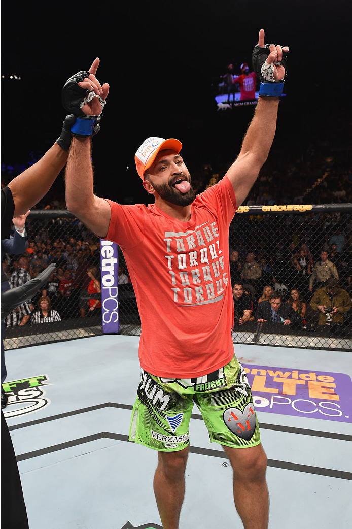 LAS VEGAS, NV - MAY 23:  Andrei Arlovski reacts to his victory over Travis Browne in their heavyweight bout during the UFC 187 event at the MGM Grand Garden Arena on May 23, 2015 in Las Vegas, Nevada.  (Photo by Josh Hedges/Zuffa LLC/Zuffa LLC via Getty I