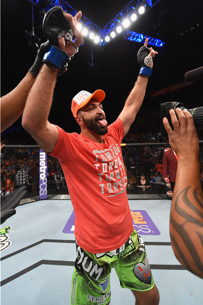 LAS VEGAS, NV - MAY 23:  Andrei Arlovski reacts to his victory over Travis Browne in their heavyweight bout during the UFC 187 event at the MGM Grand Garden Arena on May 23, 2015 in Las Vegas, Nevada.  (Photo by Josh Hedges/Zuffa LLC/Zuffa LLC via Getty I