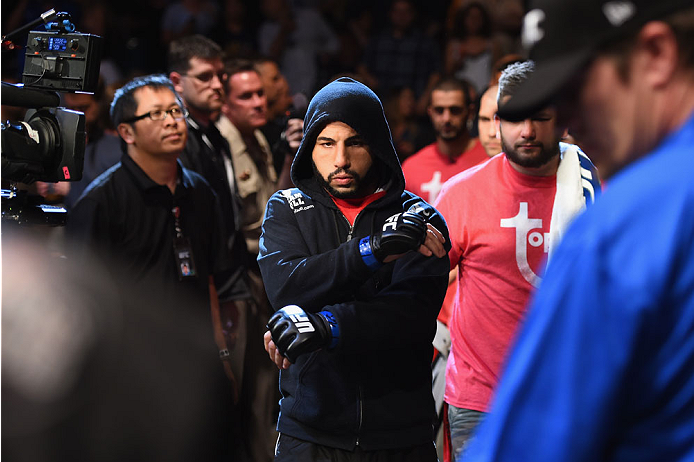 LAS VEGAS, NV - MAY 23:  John Makdessi of Canada prepares to face Donald Cerrone  in their lightweight bout during the UFC 187 event at the MGM Grand Garden Arena on May 23, 2015 in Las Vegas, Nevada.  (Photo by Josh Hedges/Zuffa LLC/Zuffa LLC via Getty I