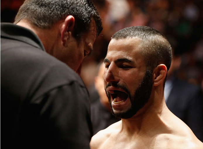 LAS VEGAS, NV - MAY 23:  John Makdessi of Canada prepares to face Donald Cerrone  in their lightweight bout during the UFC 187 event at the MGM Grand Garden Arena on May 23, 2015 in Las Vegas, Nevada.  (Photo by Christian Petersen/Zuffa LLC/Zuffa LLC via 