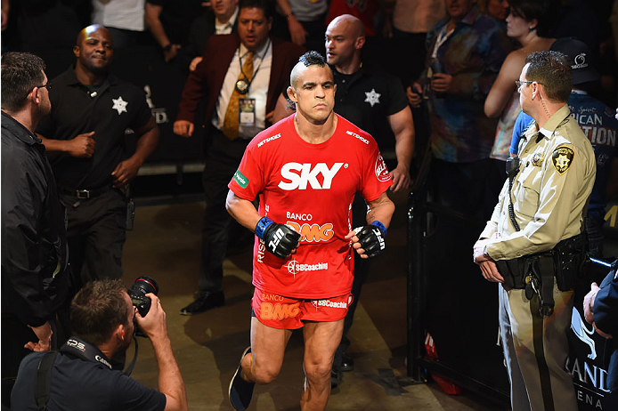 LAS VEGAS, NV - MAY 23:  Vitor Belfort of Brazil prepares to face Chris Weidman in their UFC middleweight championship bout during the UFC 187 event at the MGM Grand Garden Arena on May 23, 2015 in Las Vegas, Nevada.  (Photo by Josh Hedges/Zuffa LLC/Zuffa