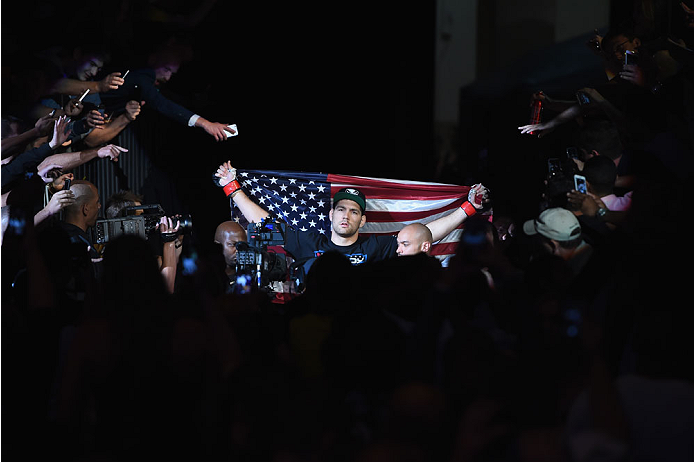 LAS VEGAS, NV - MAY 23:  Chris Weidman prepares to face Vitor Belfort of Brazil in their UFC middleweight championship bout during the UFC 187 event at the MGM Grand Garden Arena on May 23, 2015 in Las Vegas, Nevada.  (Photo by Josh Hedges/Zuffa LLC/Zuffa