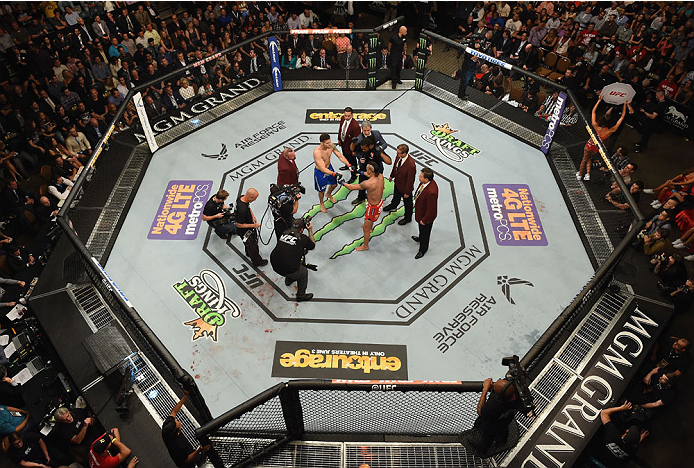 LAS VEGAS, NV - MAY 23:  Chris Weidman and Vitor Belfort of Brazil face off before their UFC middleweight championship bout during the UFC 187 event at the MGM Grand Garden Arena on May 23, 2015 in Las Vegas, Nevada.  (Photo by Josh Hedges/Zuffa LLC/Zuffa