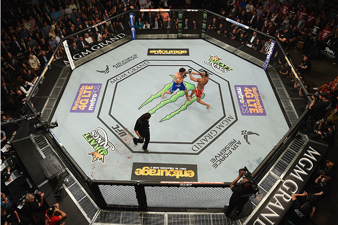 LAS VEGAS, NV - MAY 23: Chris Weidman (blue shorts) punches Vitor Belfort of Brazil (red shorts) in their UFC middleweight championship bout during the UFC 187 event at the MGM Grand Garden Arena on May 23, 2015 in Las Vegas, Nevada. (Photo by Josh Hedg