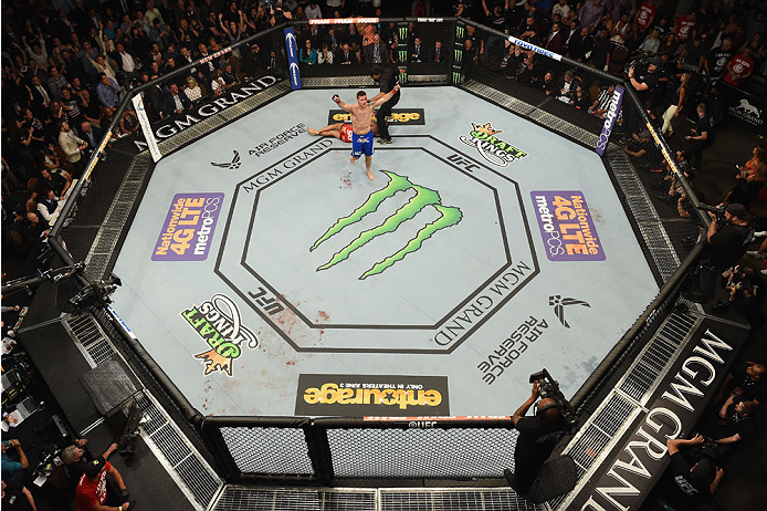 LAS VEGAS, NV - MAY 23: Chris Weidman reacts to his victory over Vitor Belfort of Brazil in their UFC middleweight championship bout during the UFC 187 event at the MGM Grand Garden Arena on May 23, 2015 in Las Vegas, Nevada. (Photo by Josh Hedges/Zuffa