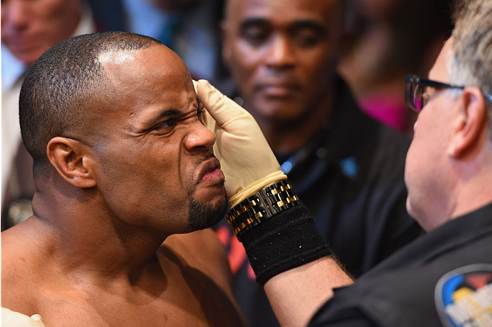 LAS VEGAS, NV - MAY 23:  Daniel Cormier prepares to enter the Octagon before facing Anthony 'Rumble' Johnson in their UFC light heavyweight championship bout during the UFC 187 event at the MGM Grand Garden Arena on May 23, 2015 in Las Vegas, Nevada.  (Ph