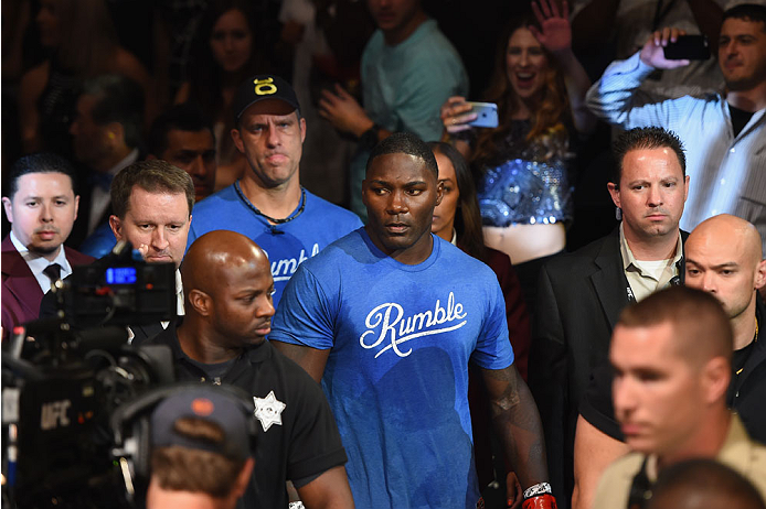 LAS VEGAS, NV - MAY 23:  Anthony 'Rumble' Johnson enters the arena before facing Daniel Cormier in their UFC light heavyweight championship bout during the UFC 187 event at the MGM Grand Garden Arena on May 23, 2015 in Las Vegas, Nevada.  (Photo by Josh H