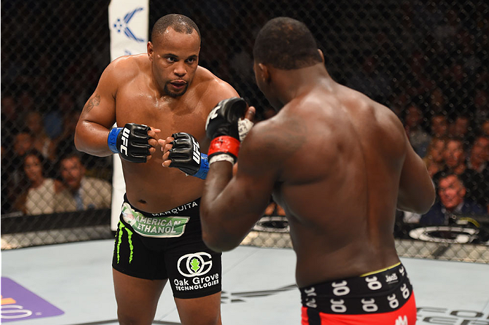 LAS VEGAS, NV - MAY 23:  (L-R) Daniel Cormier and Anthony Johnson face off in their UFC light heavyweight championship bout during the UFC 187 event at the MGM Grand Garden Arena on May 23, 2015 in Las Vegas, Nevada.  (Photo by Josh Hedges/Zuffa LLC/Zuffa