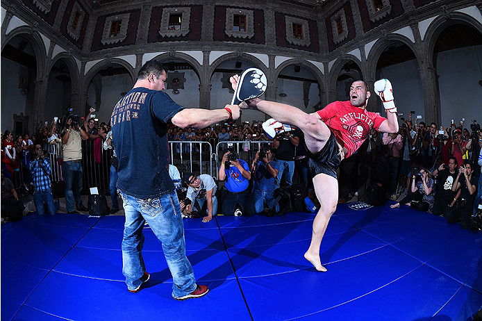 MEXICO CITY, MEXICO - JUNE 10: UFC heavyweight champion Cain Velasquez holds an open training session during the UFC 188 open workouts at the Interactive Museum of Economics on June 10, 2015 in Mexico City, Mexico. (Photo by Jeff Bottari/Zuffa LLC/Zuffa