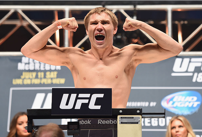 LAS VEGAS, NV - JULY 10:  Cody Pfister steps onto the scale during the UFC 189 weigh-in inside MGM Grand Garden Arena on July 10, 2015 in Las Vegas, Nevada.  (Photo by Josh Hedges/Zuffa LLC/Zuffa LLC via Getty Images)