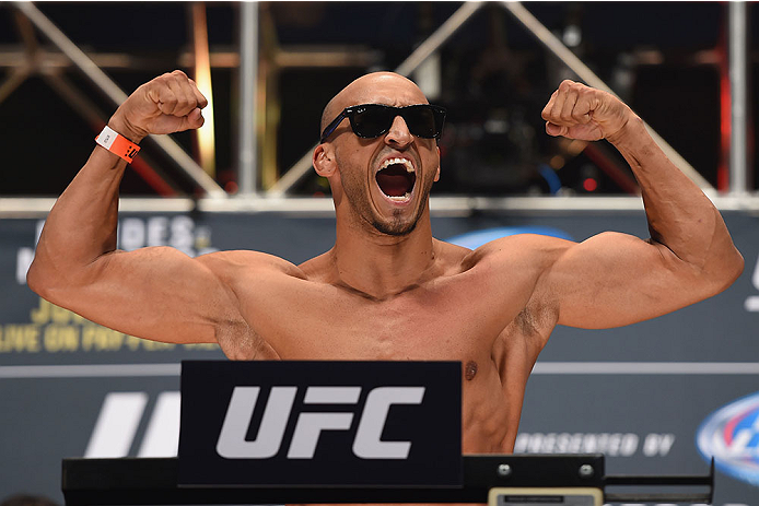 LAS VEGAS, NV - JULY 10:  Yosdenis Cedeno steps onto the scale during the UFC 189 weigh-in inside MGM Grand Garden Arena on July 10, 2015 in Las Vegas, Nevada.  (Photo by Josh Hedges/Zuffa LLC/Zuffa LLC via Getty Images)