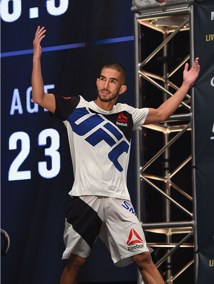 LAS VEGAS, NV - JULY 10:  Louis Smolka walks onto the stage during the UFC 189 weigh-in inside MGM Grand Garden Arena on July 10, 2015 in Las Vegas, Nevada.  (Photo by Josh Hedges/Zuffa LLC/Zuffa LLC via Getty Images)