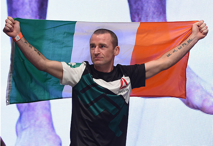 LAS VEGAS, NV - JULY 10:  Neil Seery walks onto the stage during the UFC 189 weigh-in inside MGM Grand Garden Arena on July 10, 2015 in Las Vegas, Nevada.  (Photo by Josh Hedges/Zuffa LLC/Zuffa LLC via Getty Images)