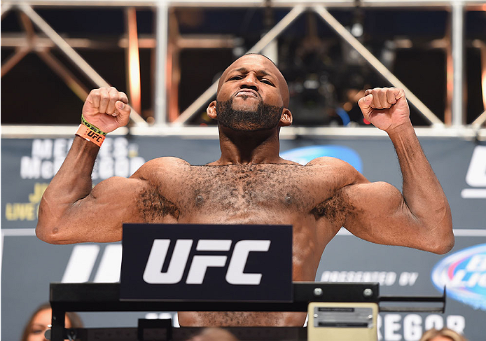 LAS VEGAS, NV - JULY 10:  John Howard steps onto the scale during the UFC 189 weigh-in inside MGM Grand Garden Arena on July 10, 2015 in Las Vegas, Nevada.  (Photo by Josh Hedges/Zuffa LLC/Zuffa LLC via Getty Images)