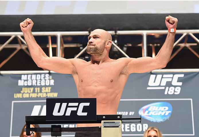 LAS VEGAS, NV - JULY 10:  Cathal Pendred steps onto the scale during the UFC 189 weigh-in inside MGM Grand Garden Arena on July 10, 2015 in Las Vegas, Nevada.  (Photo by Josh Hedges/Zuffa LLC/Zuffa LLC via Getty Images)