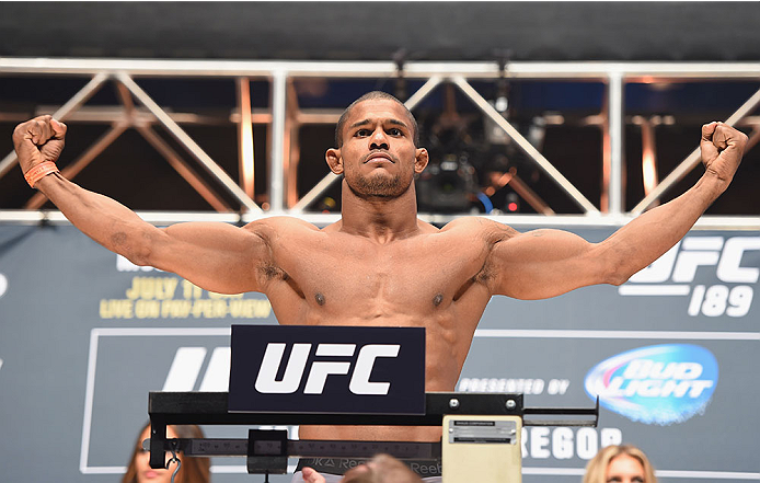 LAS VEGAS, NV - JULY 10:  Alex Garcia steps onto the scale during the UFC 189 weigh-in inside MGM Grand Garden Arena on July 10, 2015 in Las Vegas, Nevada.  (Photo by Josh Hedges/Zuffa LLC/Zuffa LLC via Getty Images)