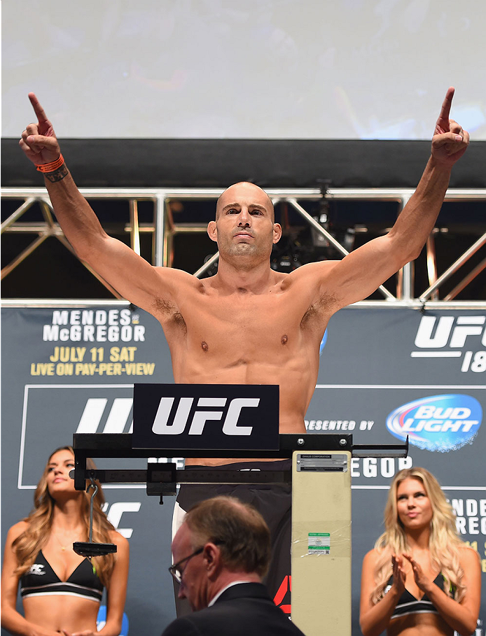 LAS VEGAS, NV - JULY 10:  Mike Swick steps onto the scale during the UFC 189 weigh-in inside MGM Grand Garden Arena on July 10, 2015 in Las Vegas, Nevada.  (Photo by Josh Hedges/Zuffa LLC/Zuffa LLC via Getty Images)