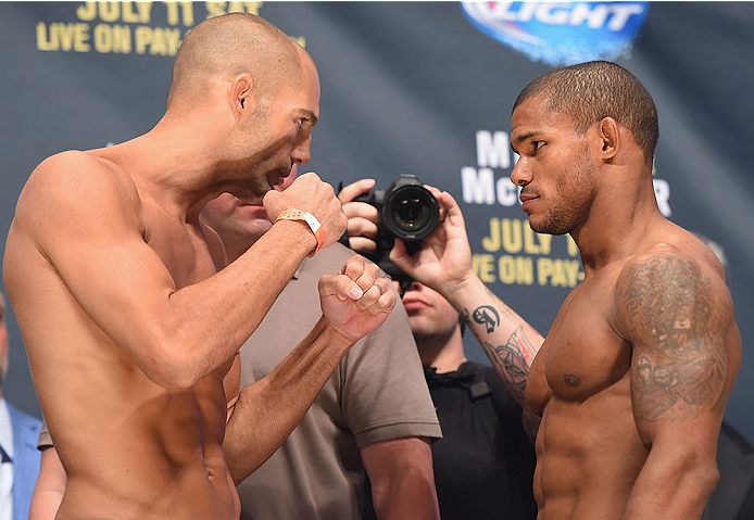 LAS VEGAS, NV - JULY 10:  (L-R) Mike Swick and Alex Garcia face off during the UFC 189 weigh-in inside MGM Grand Garden Arena on July 10, 2015 in Las Vegas, Nevada.  (Photo by Josh Hedges/Zuffa LLC/Zuffa LLC via Getty Images)