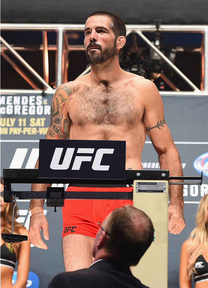 LAS VEGAS, NV - JULY 10:  Matt Brown steps onto the scale during the UFC 189 weigh-in inside MGM Grand Garden Arena on July 10, 2015 in Las Vegas, Nevada.  (Photo by Josh Hedges/Zuffa LLC/Zuffa LLC via Getty Images)