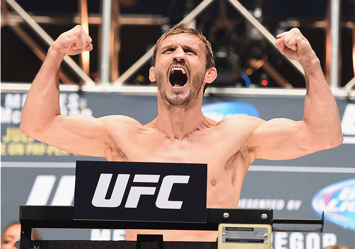 LAS VEGAS, NV - JULY 10:  Brad Pickett steps onto the scale during the UFC 189 weigh-in inside MGM Grand Garden Arena on July 10, 2015 in Las Vegas, Nevada.  (Photo by Josh Hedges/Zuffa LLC/Zuffa LLC via Getty Images)